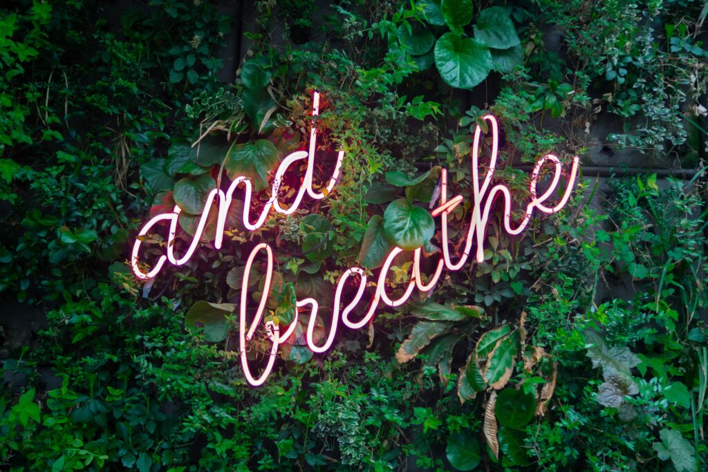 Lush wall of greenery with the neon sign, "And Breathe."