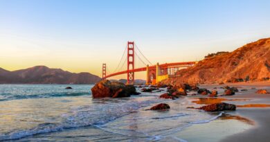 Sandy beach with Golden Gate Bridge in the background
