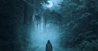 Woman with backpack standing in front of a haunted house during a full moon night