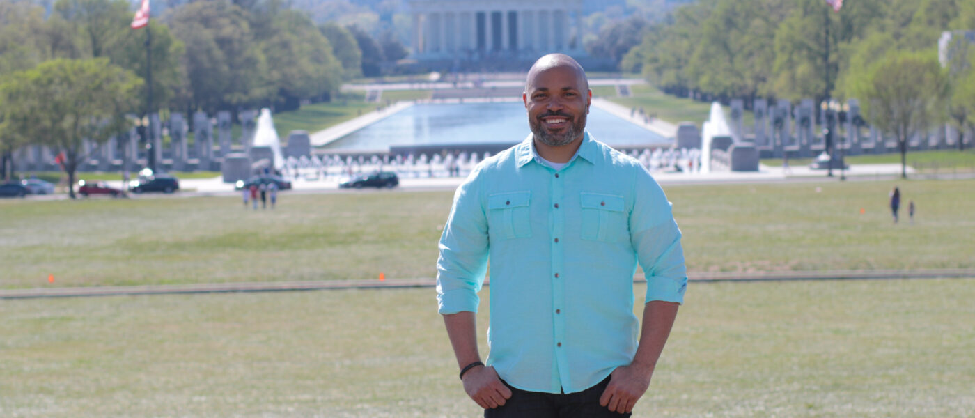 Kwin Mosby in front of the National Mall in Washington, DC.