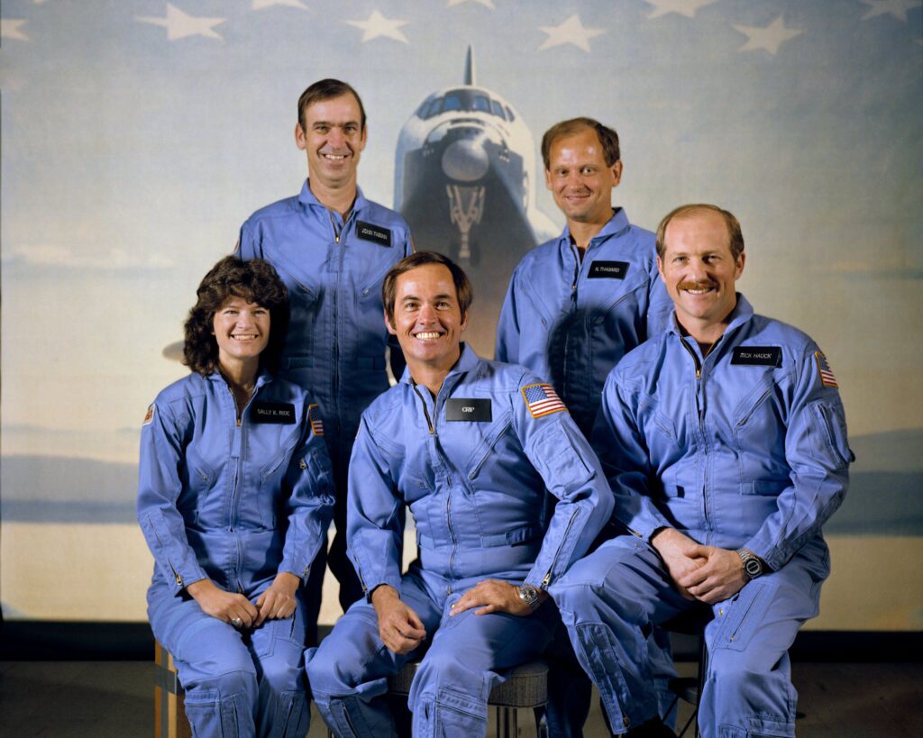 Space Shuttle Challenger STS-7 crew (left to right): Sally Ride, John Fabian, Commander Bob Crippen, Norm Thagard, and Pilot Frederick Hauck (Photo Credit: NASA)
