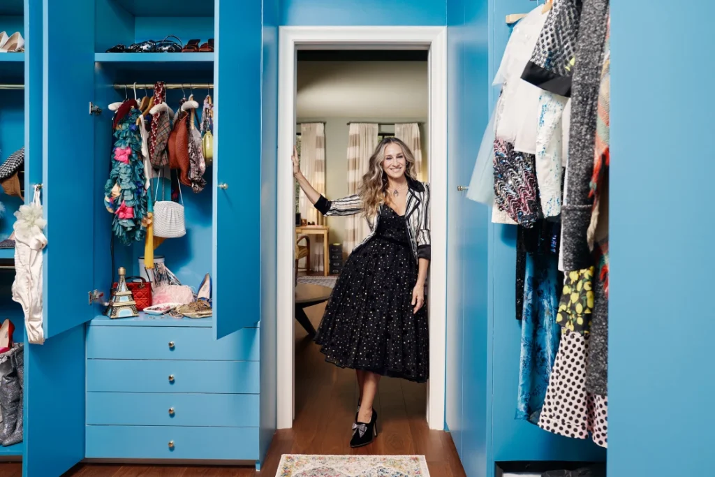 Sara Jessica Parker in the doorway of the recreation of Carrie Bradshaw's closet on the HBO TV show, Sex in the City. (Photo Credit: Tara Rice)