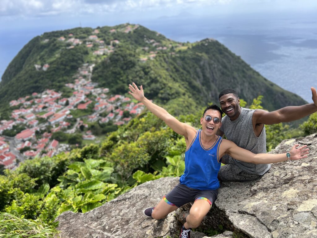 Barry and Teraj overlooking the town of Windwardside on Saba, a Dutch Caribbean island (Photo Credit: Barry Hoy)
