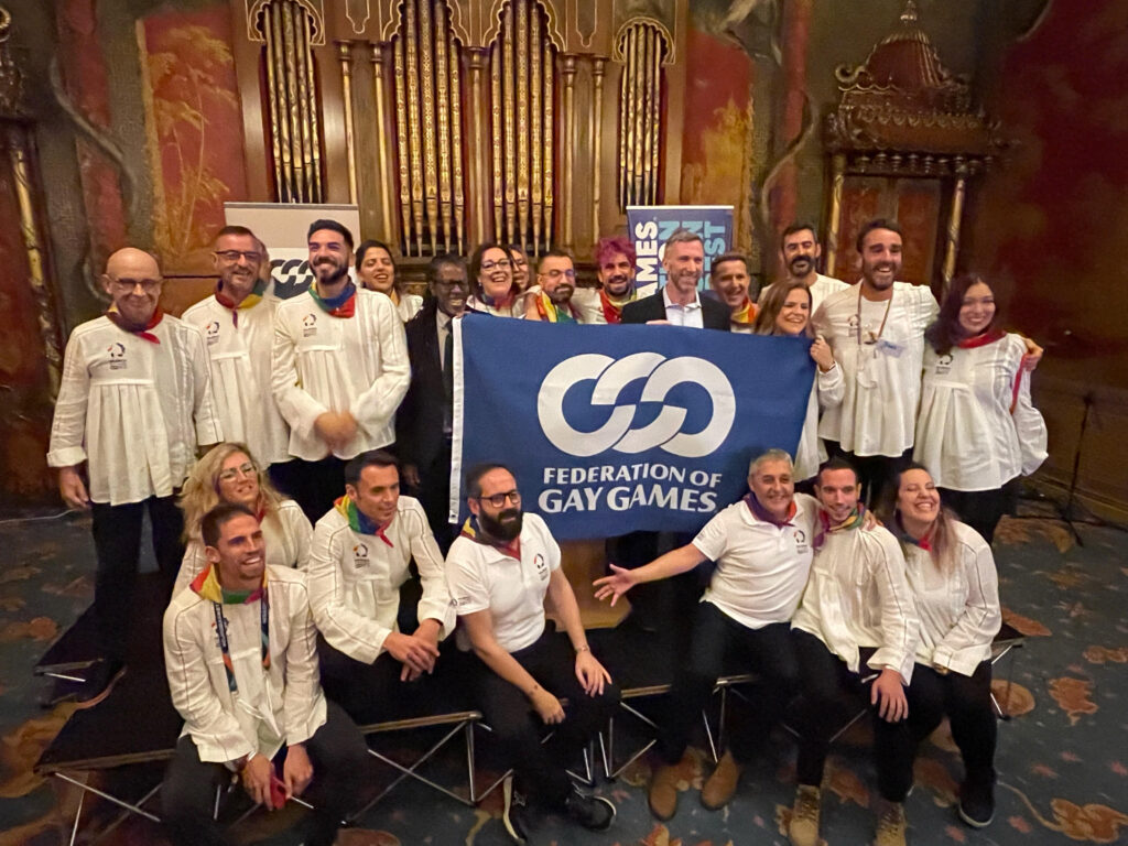 The Valencia bid team after being announced as the winner with FGG co-presidents Jaimie Evans And Sean Fitzgerald (Photo Credit: Federation of Gay Games)