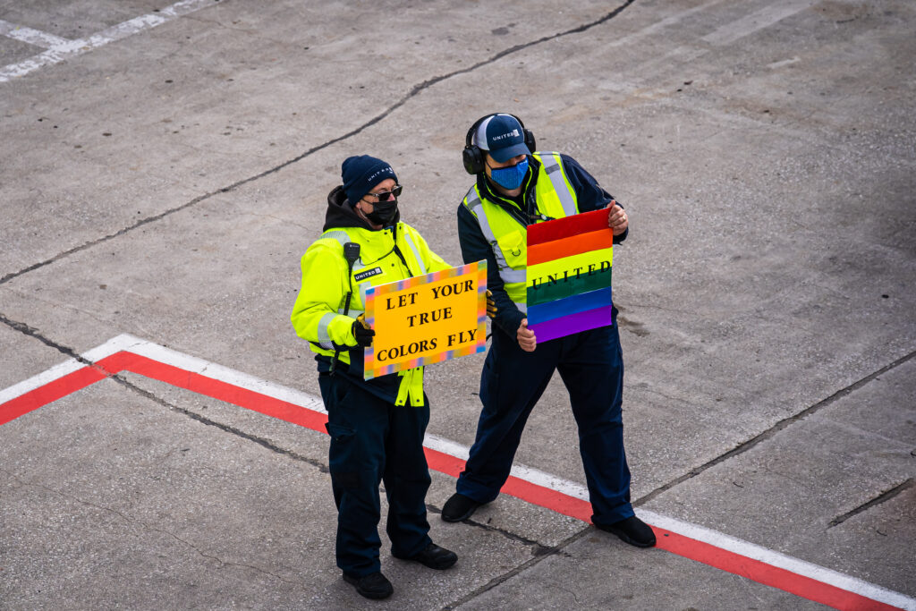 United ground crew welcomes United EQUAL Pride Flight