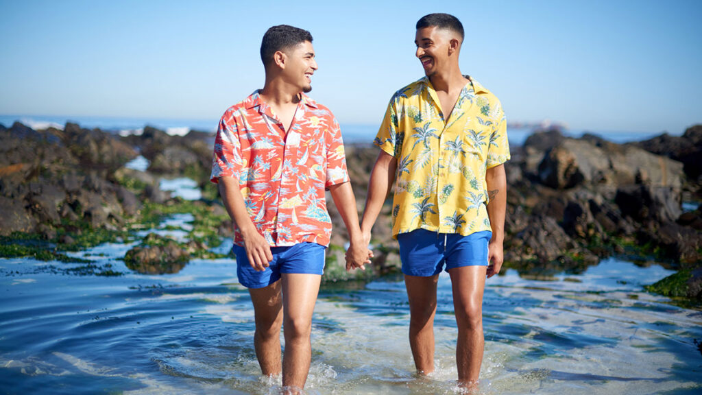 Gay men holding hands and walking on a beach