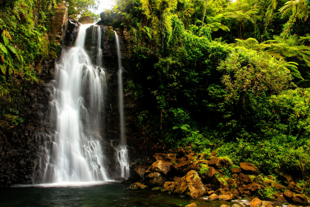 Middle Tavoro Waterfalls in Bouma National Heritage Park on Taveuni Island, Fiji. Taveuni is the third largest island in Fiji.