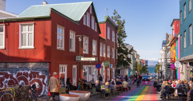 The Klapparstigur Street with the LGBTQ Pride painted rainbow colors in Iceland.
