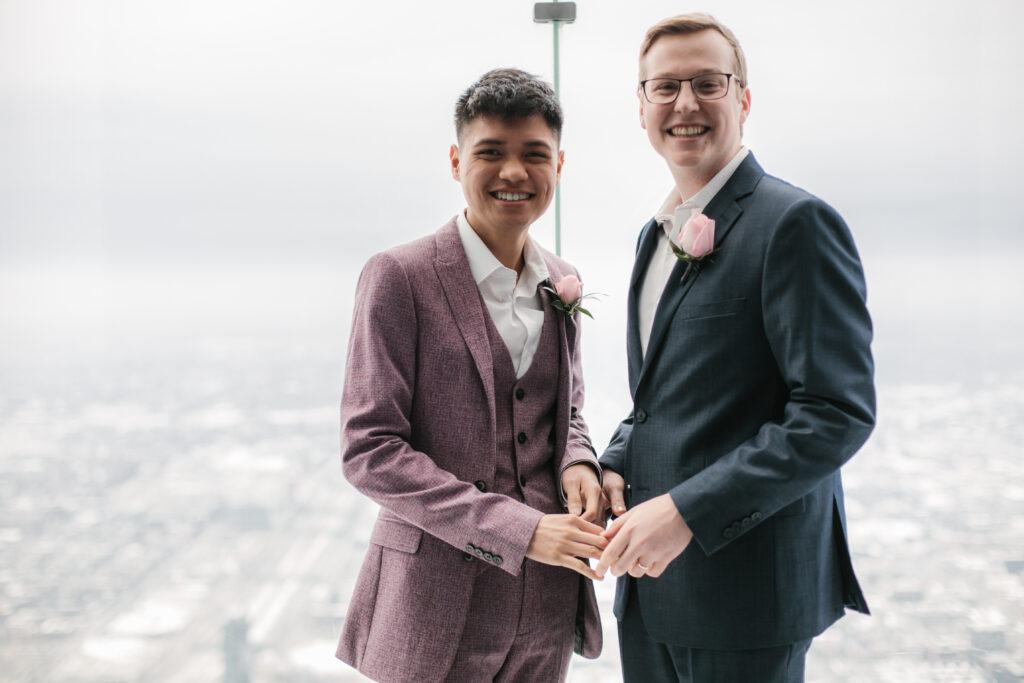 Eric Woodley & Carl Adaza on the Ledge for their wedding ceremony (Photo Credit: Skydeck Chicago)