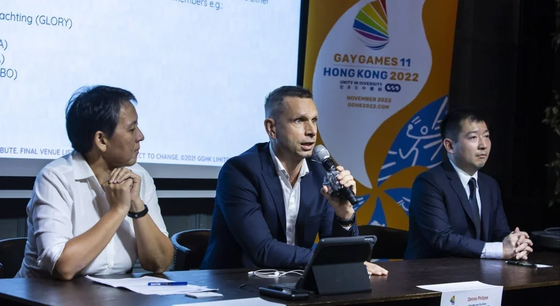 (From left) Gay Games Hong Kong co-chair Lisa Lam, founder and co-chair Dennis Philipse, and assistant professor at Chinese University of Hong Kong’s Gender Studies programme, Suen Yiu-tung. (Photo Credit: Gay Games Hong Kong)