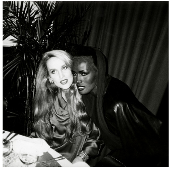 Jerry Hall and Grace Jones are shown together at the Palladium night club in New York in May 1985. (Courtesy Hedges Projects, Los Angeles. Copyright The Andy Warhol Foundation for the Visual Arts.)