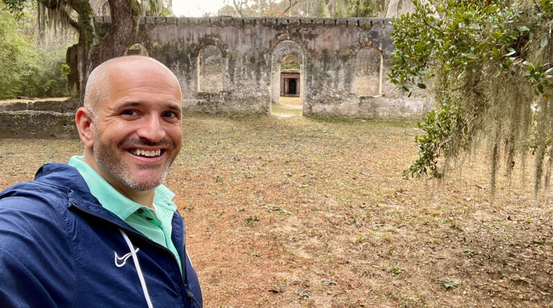 Stephen Ekstrom at the ruins of the St. Helena Parish Chapel of Ease historic site on Saint Helena Island, South Carolina. (Photo Credit: Stephen Ekstrom)