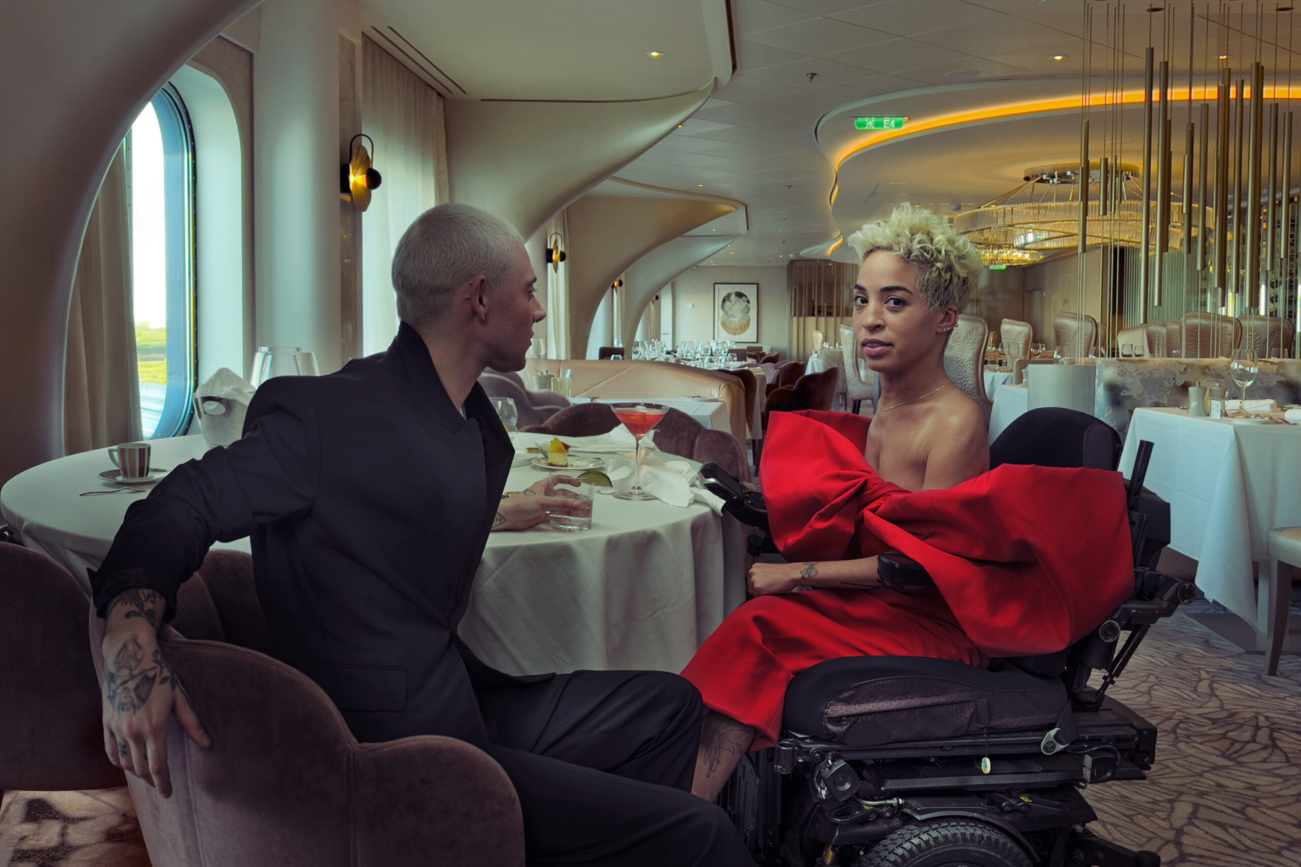 Jillian Mercado ¬– actress and American fashion model, one of the few professional models who has a visible physical disability in the fashion industry ¬– enjoys a meal. (Photo Credit: Annie Leibovitz / Celebrity Cruises / AIPP)