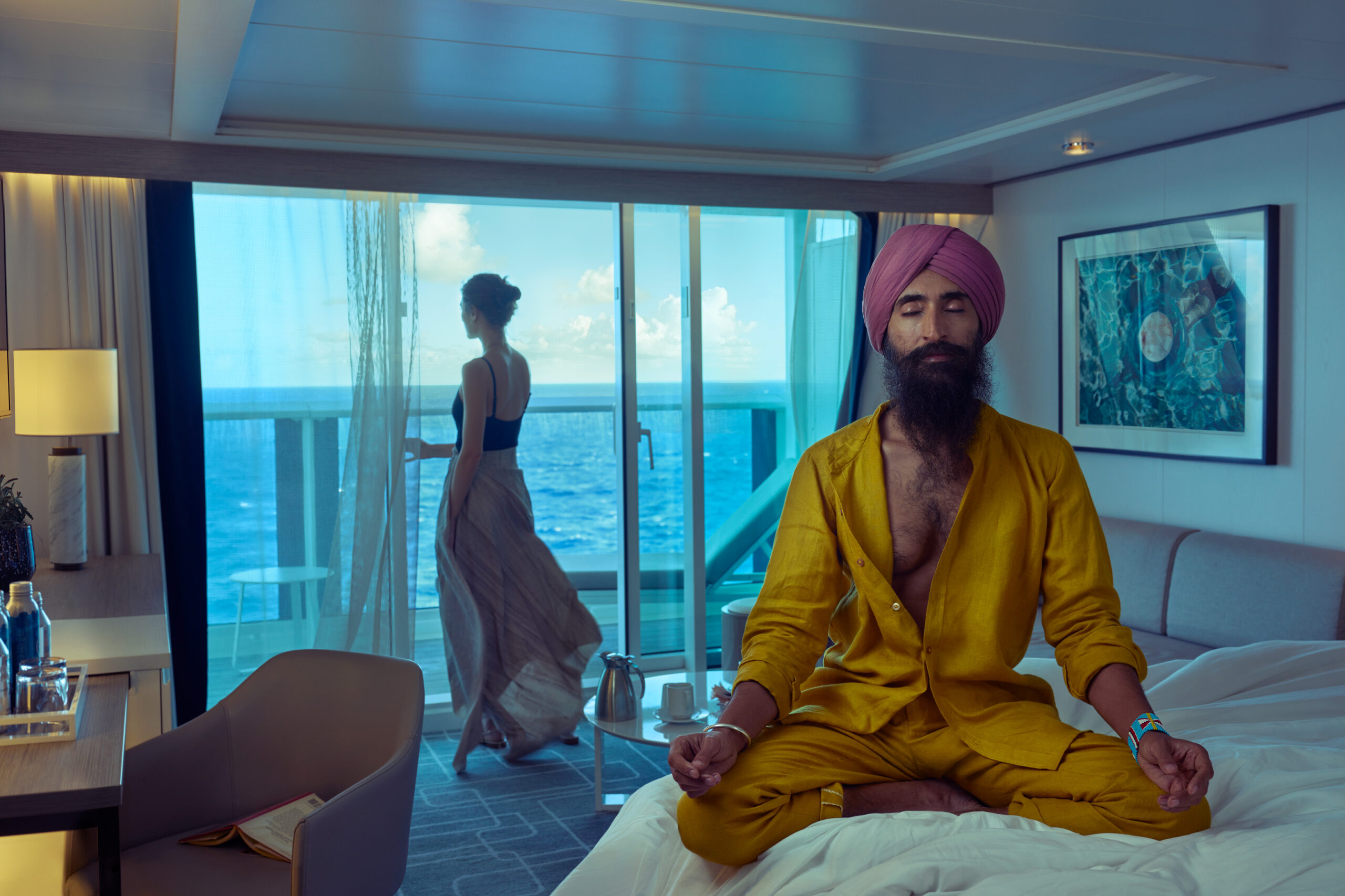 Waris Singh Ahluwalia, a Sikh American designer, actor and activist, Waris Singh Ahluwalia meditates in his stateroom. (Photo Credit: Annie Leibovitz / Celebrity Cruises / AIPP)
