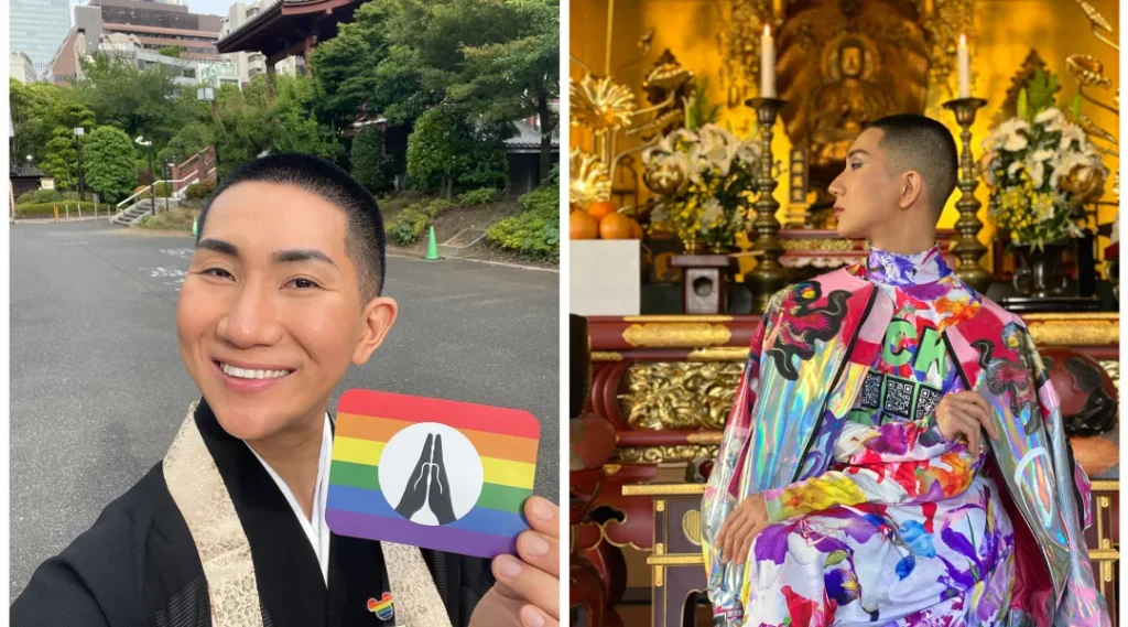 On the left: Kodo posing with the rainbow sticker; on the right: Kodo in a colourful outfit