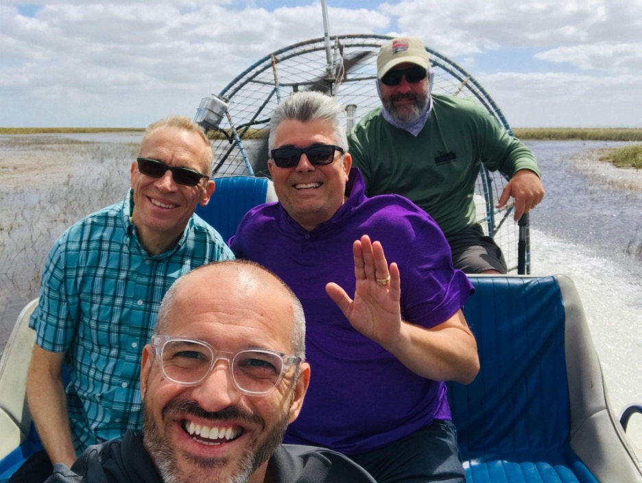 Stephen Ekstrom with friends and airboat pilot, “Gator” Tim Schwartzman in the Everglades. (Photo Credit: Stephen Ekstrom)