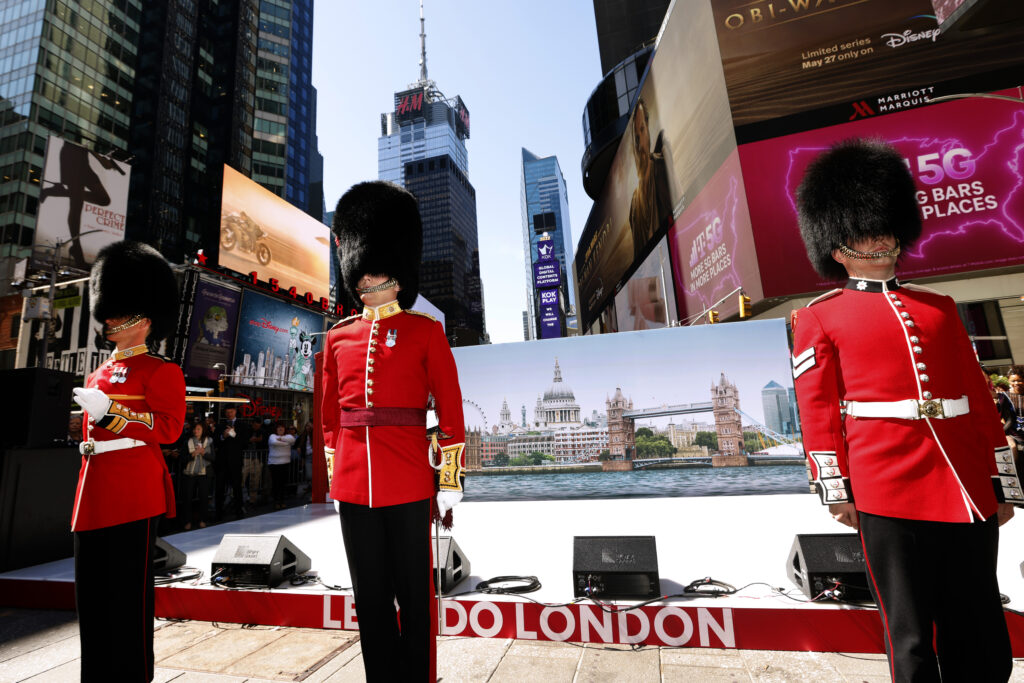 Coldstream Guards at "Let’s Do London” U.S. Tourism Campaign Launch in Times Square in New York. (Photo Credit: Jason Decrow/AP Images for London & Partners)