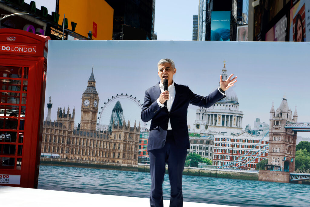 Mayor Sadiq Khan Speaks at "Let’s Do London” U.S. Tourism Campaign Launch in Times Square in New York. (Photo Credit: Jason Decrow/AP Images for London & Partners)
