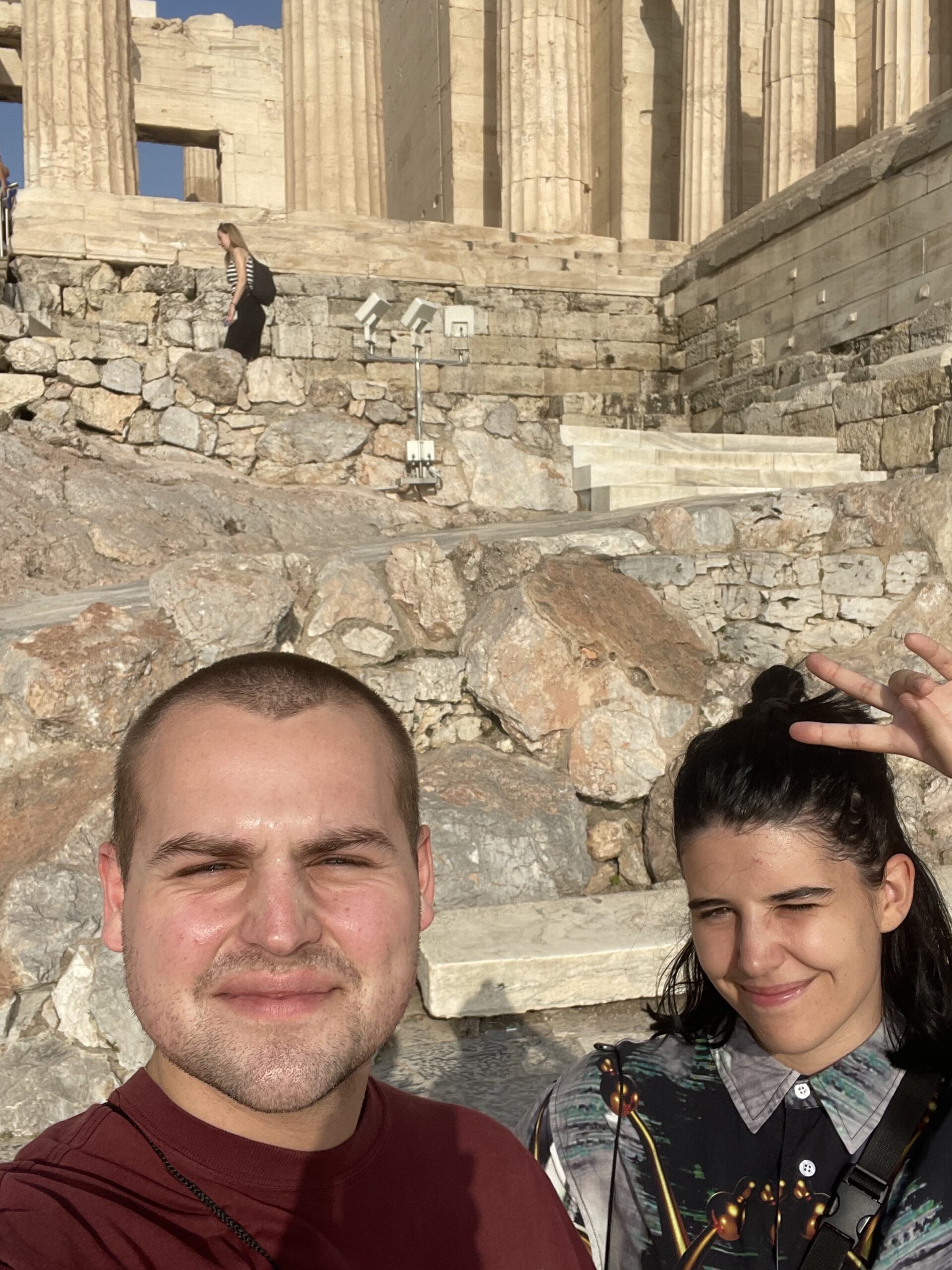 Rhys with a friend at the Acropolis in Athens (Photo Credit: Rhys Bellamy)