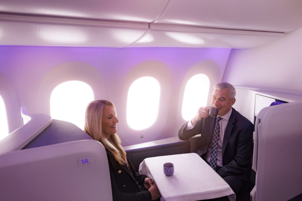 Air New Zealand's Chief Customer and Sales Officer, Leanne Geraghty, and CEO, Greg Foran, sitting in a Business Premier Luxe Suite (Photo Credit: Air New Zealand)