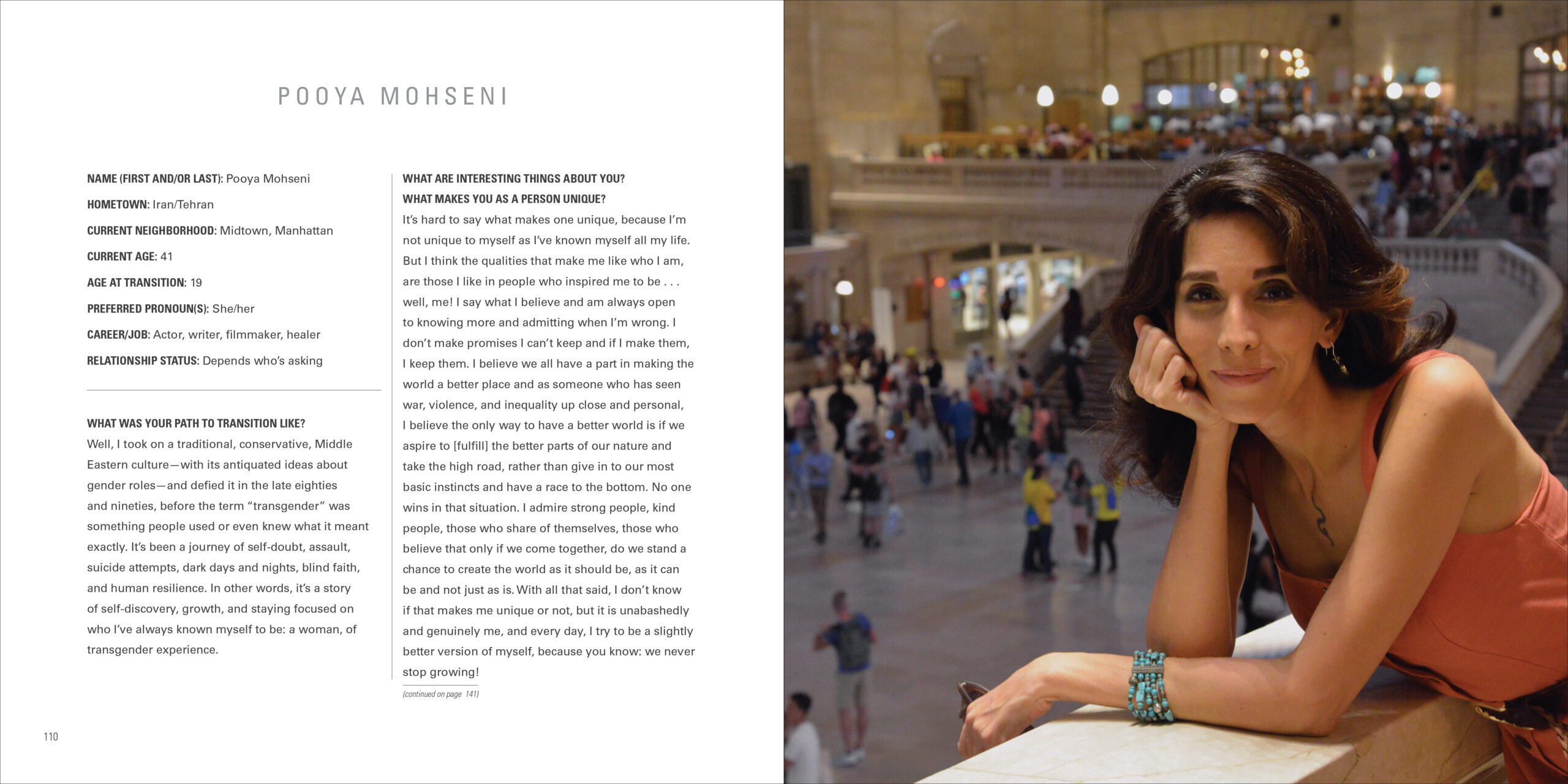 A photograph and interview with Pooya Mohseni featured in Trans New York by Peter Bussian (Photo Credit: Apollo Publishers)