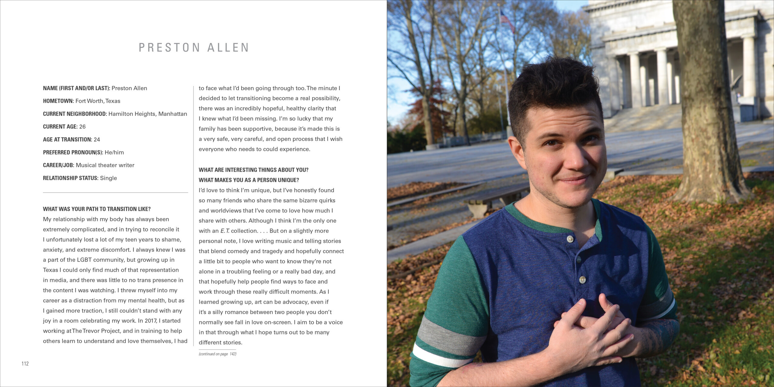 A photograph and interview with Preston Allen featured in Trans New York by Peter Bussian (Photo Credit: Apollo Publishers)