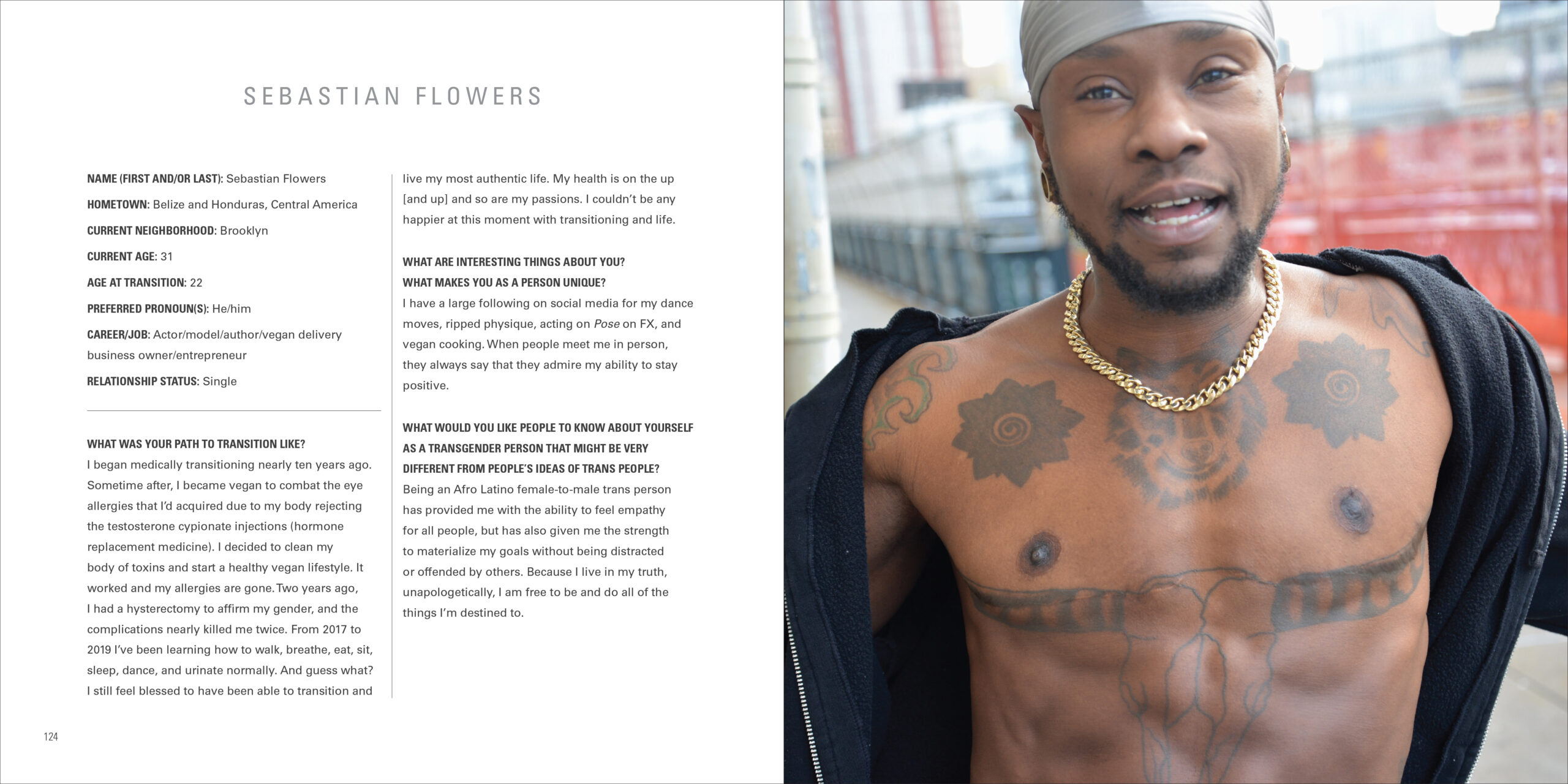 A photograph and interview with Sebastian Flowers featured in Trans New York by Peter Bussian (Photo Credit: Apollo Publishers)