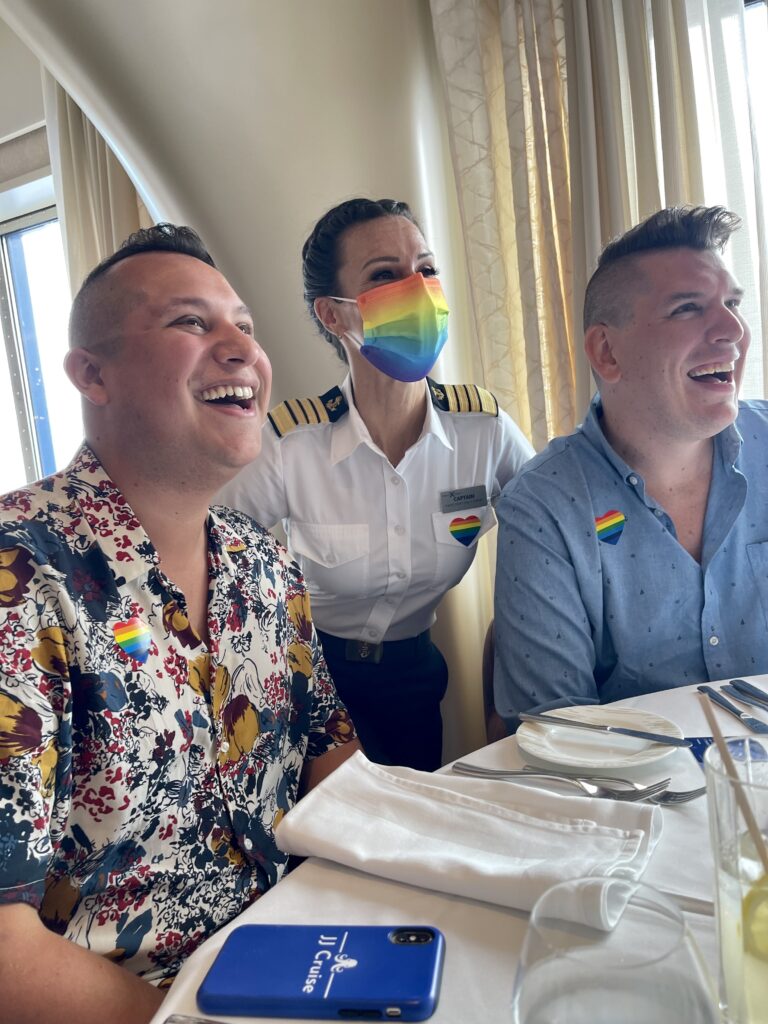 Jared and Jordan with Captain Kate McCue on the Celebrity Edge during a cruise in the Caribbean (Photo Credit: JJ Cruise) 