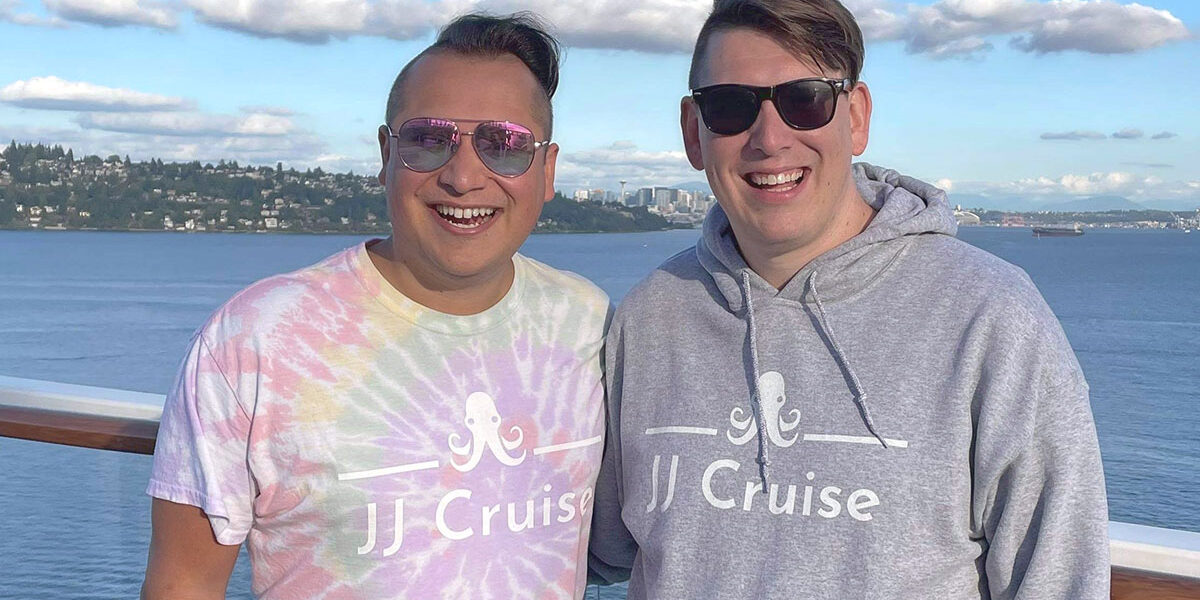 Jared Dailey and Jordan Taylor pose for a photo while boarding in Seattle, but heading to Alaska. (Photo Credit: JJ Cruise) 