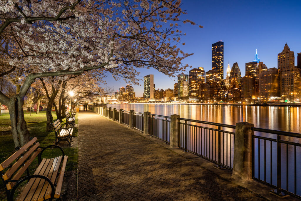 Roosevelt Island Promenade facing the East River and New York City Skyline (Photo Credit: francois-roux / iStock)