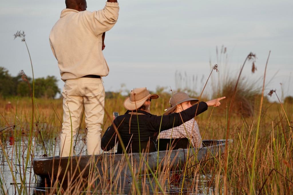 Jody points out an endemic bird on a channel created by a hippopotamus in the Okavango Delta, Botswana. (Photo Credit: Wild Rainbow African Safaris)
