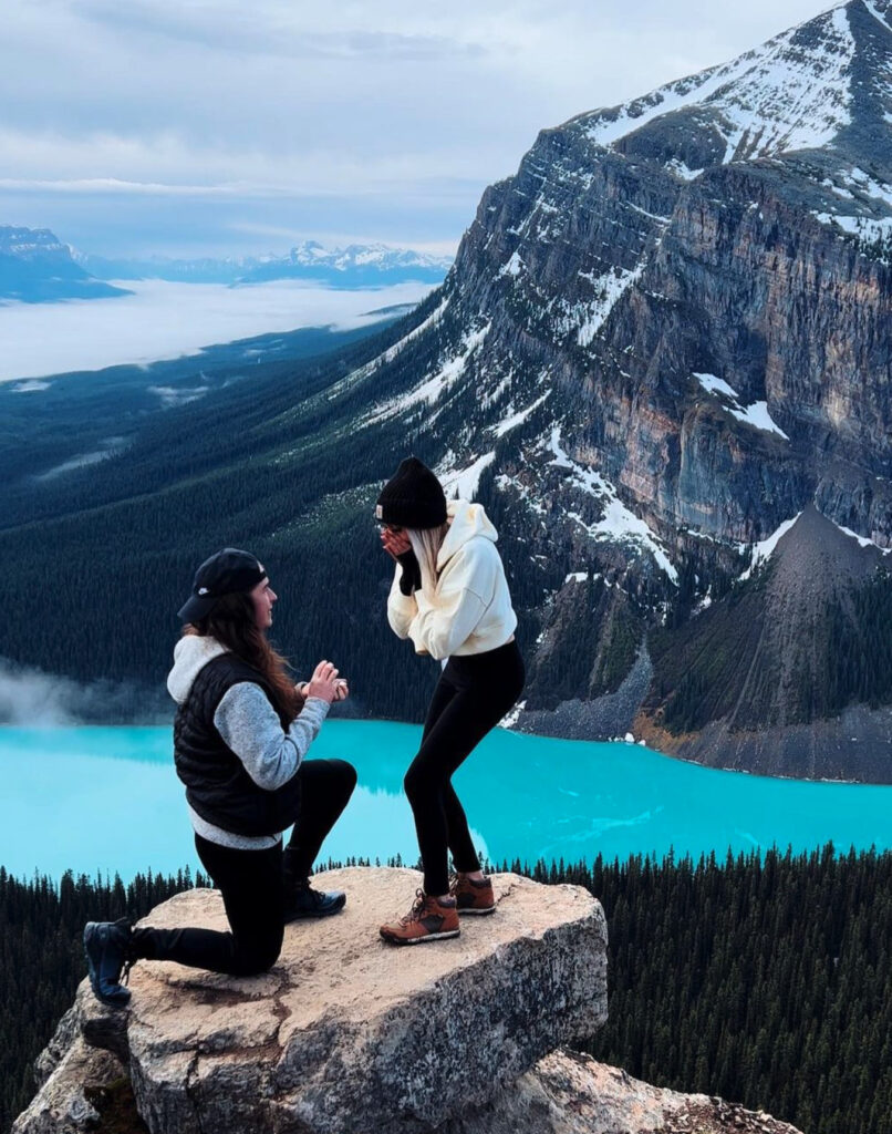 Cindy proposing to Sarah in Banff, Canada (Photo Credit: Sarah Francati)