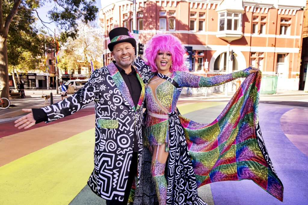 Daniel Clarke and Ben Graetz (in drag as his alter ego Miss Ellaneous) at Taylor Square (Photo Credit: Anna Kucera)