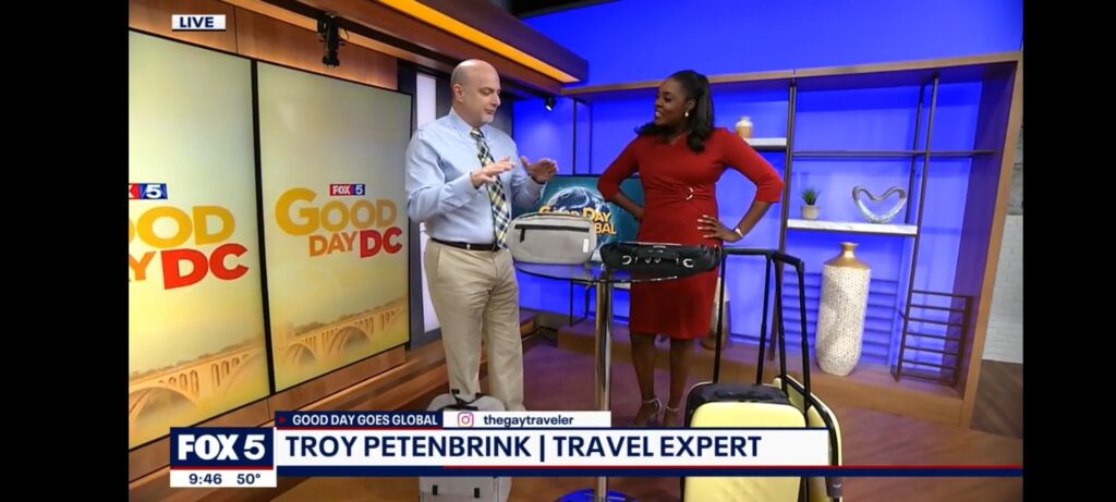 Troy Petenbrink offers his travel expertise on a local TV station in Washington, DC. (Photo courtesy of Troy Petenbrink)