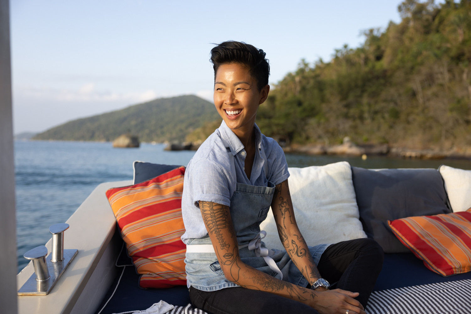 Chef Kristen Kish poses for a photo at Sem Pressa floating restaurant in Paraty, Brazil. (Photo Credit: National Geographic for Disney/Autumn Sonnichsen)