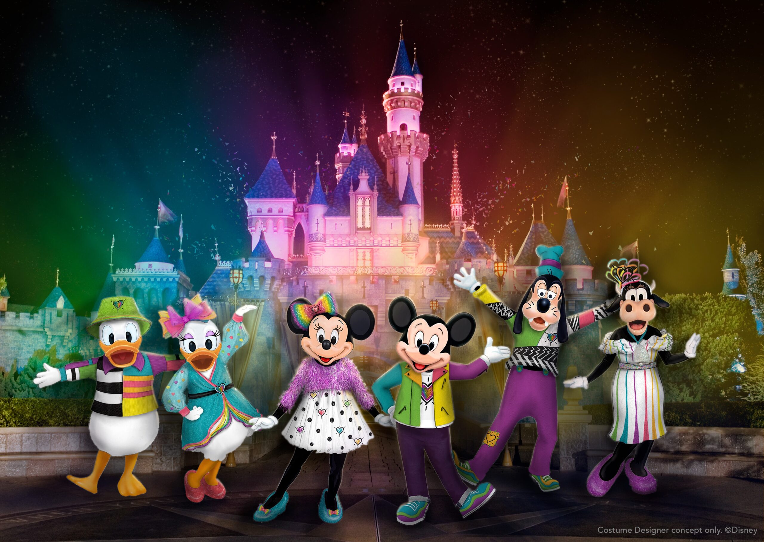 Mickey Mouse, Minnie Mouse, Clarabelle, Donald, Daisy and Goofy will debut new attire for Disneyland After Dark: Pride Nite at the Disneyland Park in Anaheim, California. (Photo Credit: Disneyland Resort)