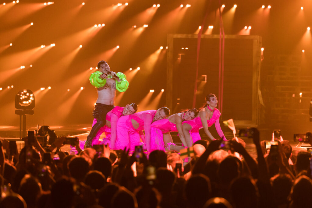 Finland's Käärijä performing "Cha Cha Cha" at the first semifinal for Eurovision 2023 (Photo Credit: Corinne Cumming / EBU)