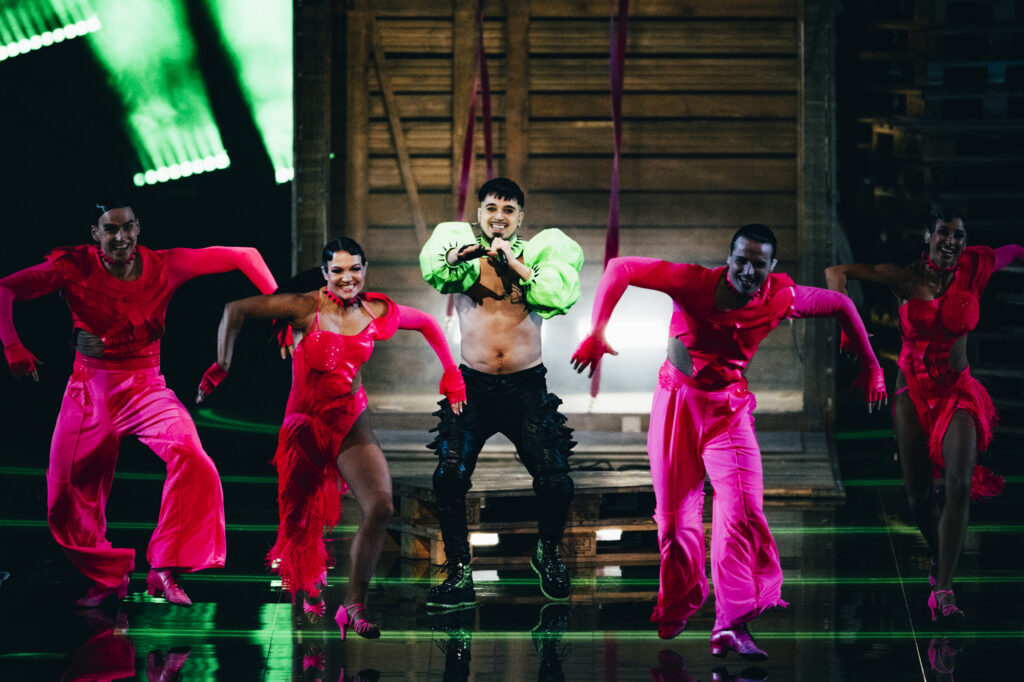 Finland's Käärijä performing "Cha Cha Cha" at the first semifinal for Eurovision 2023 (Photo Credit: Sara Louis Bennett / EBU)