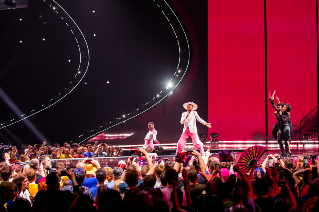 Gustaph performed "Because Of You" for Belgium at the Second Semi-Final at Liverpool Arena (Photo Credit: Chloe Hashemi / EBU)