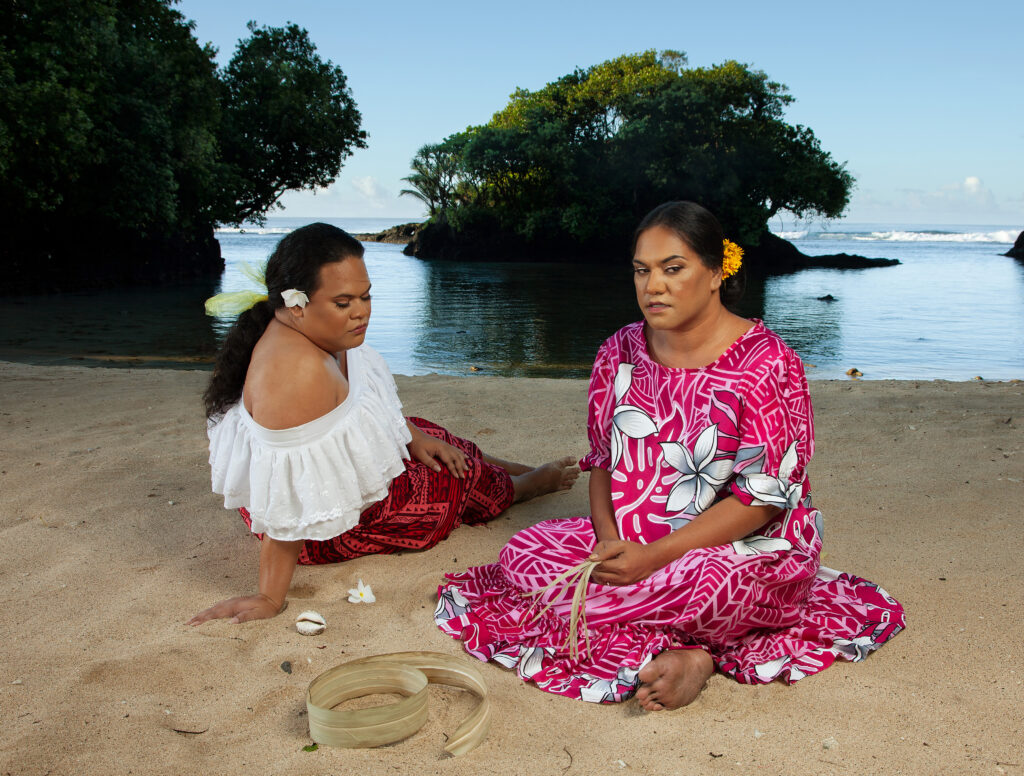 Two Fa‘afafine on the beach (After Gauguin), 2020 by Yuki Kihara from Paradise Camp series. Courtesy of Yuki Kihara and Milford Galleries, Aotearoa New Zealand.