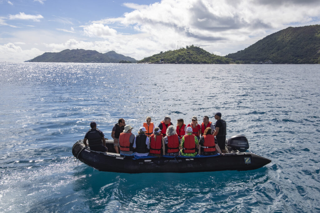 Zodiac raft transfers passengers of cruise ship M/Y Pegasos to Curieuse Island, Seychelles. (Photo Credit: Variety Cruises)