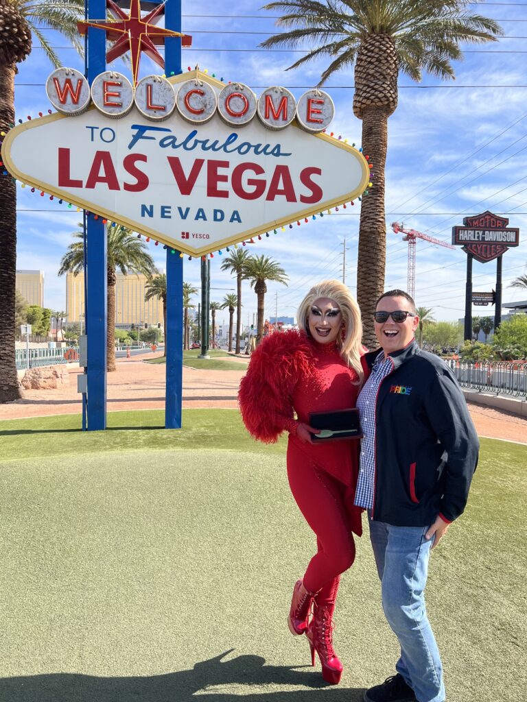 Brady McGill poses with Anetra, a runner-up on Season 15 of RuPaul’s Drag Race Season 15 who was honored in June by the Clark County Commission with the Key to The Las Vegas Strip. (Photo Credit: Brady McGill) 