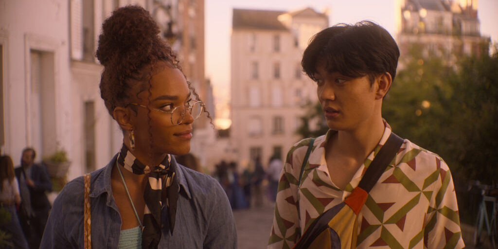 Heartstopper's trans teen Elle Argent (Yasmin Finney) and Tao Xu (William Gao) in Montmatre (Photo Credit: Netflix)