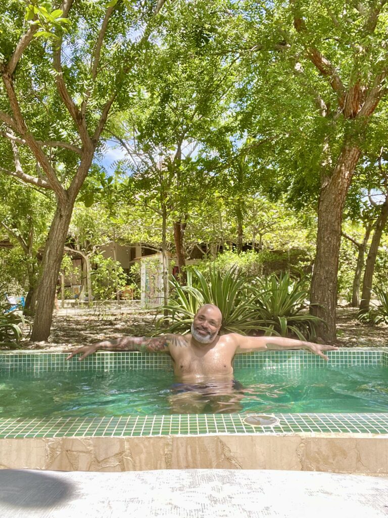 Kwin Mosby in the plunge pool in front of the Pina Cabana (Photo Credit: Blue Apple Beach)