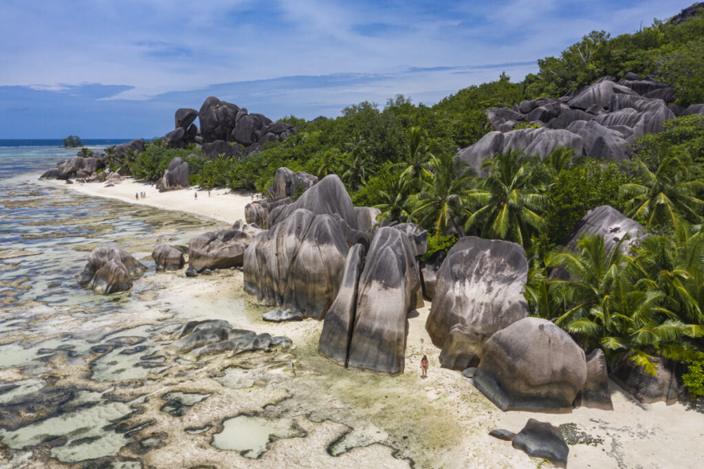 Aerial of granite rocks at Anse Source D'Argent beach on La Digue Island, Seychelles (Photo Credit: Variety Cruises)
