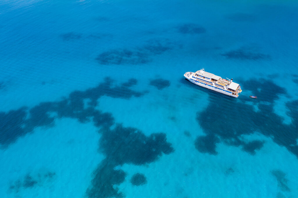 Aerial of M/Y Pegasos cruise ship in clear turquoise waters in St. Anne Marine National Park (Photo Credit: Variety Cruises)