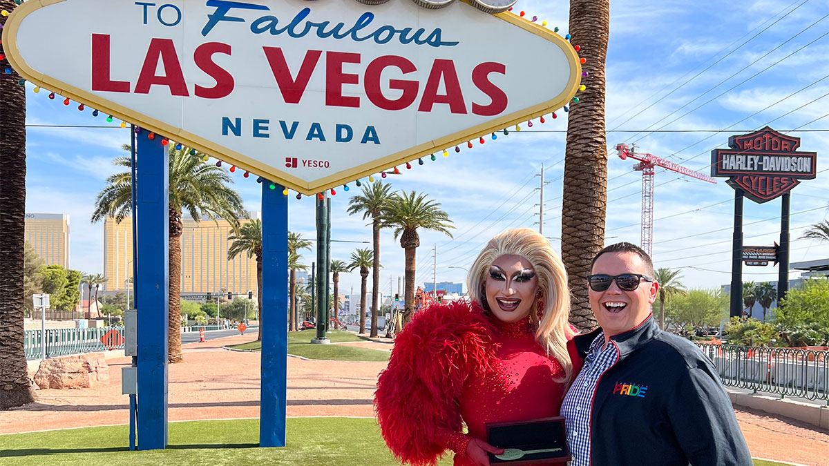 Brady McGill poses with Anetra, a runner-up on Season 15 of RuPaul’s Drag Race Season 15 who was honored in June by the Clark County Commission with the Key to The Las Vegas Strip. (Photo Credit: Brady McGill)