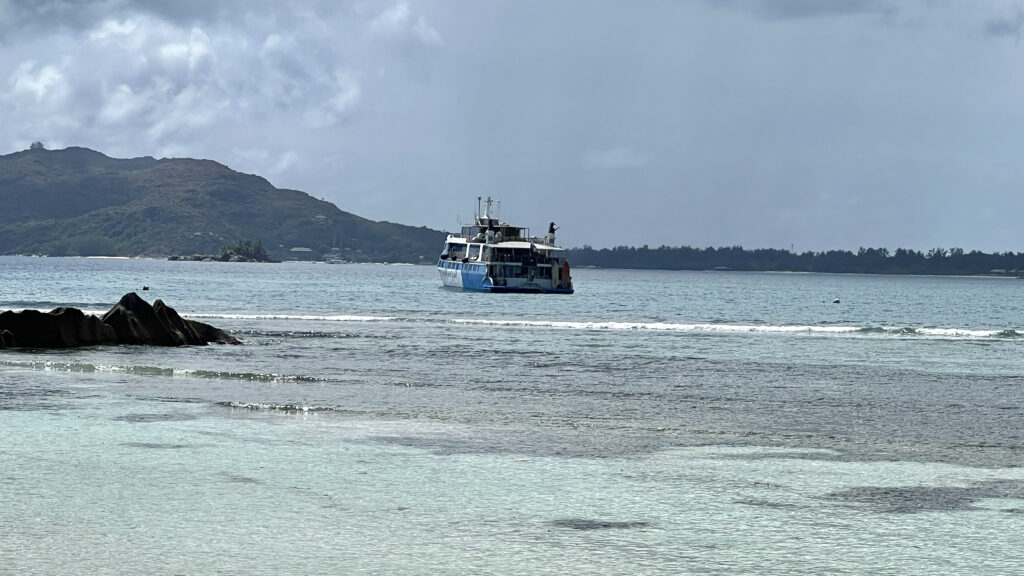 The Pegasos ship sits offshore during a cruise excursion. (Photo Credit: Paul J. Heney)