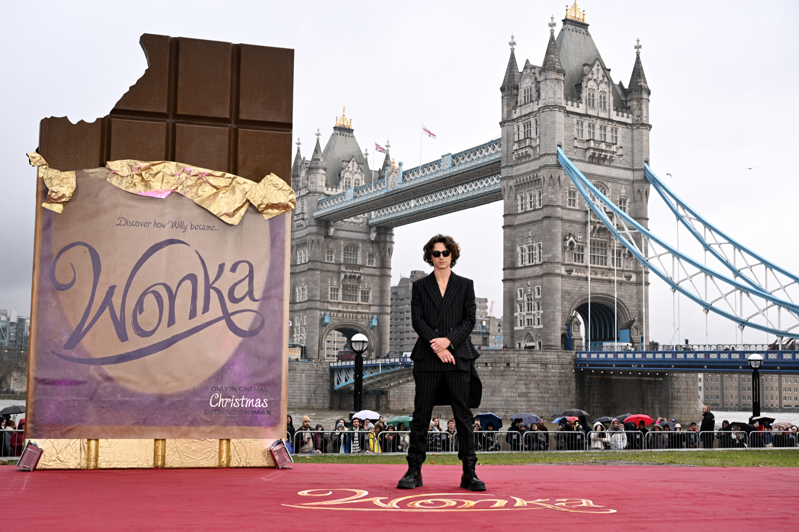 Timothée Chalamet at the "Wonka" Photocall at Potter's Field Park in London (Photo by Jeff Spicer/Getty Images for Warner Bros. )