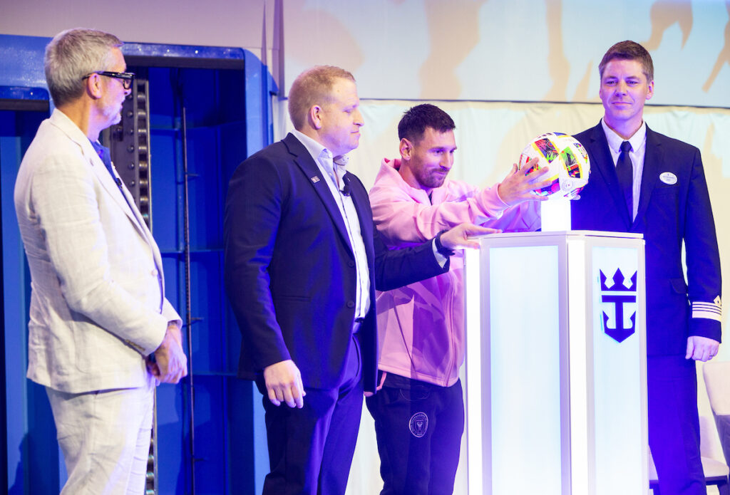 Michael Bailey Royal Caribbean International president and CEO, Jason Liberty President and CEO of Royal Caribbean Group, Lionel Messi, and Captain Henrik Loy (left to right) at Royal Caribbean’s naming ceremony for its newest ship, Icon of the Seas (Photo Credit: Royal Caribbean International)